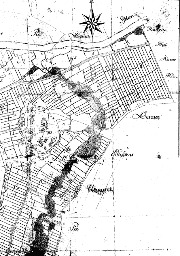 Ote Kuralan isojaon peltojaosta 1781, jonka kartassa on vielä sarkajako. Huomaa kolme tuulimyllyä mäen laella.